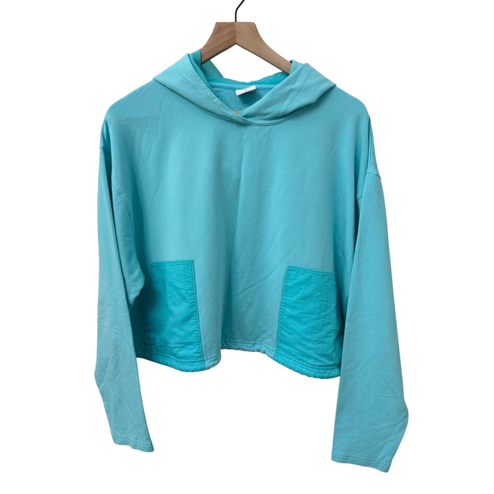 Outdoor Voices Hoodie S Turquoise Blue Cropped Drawstring Hem Ripstop Pockets